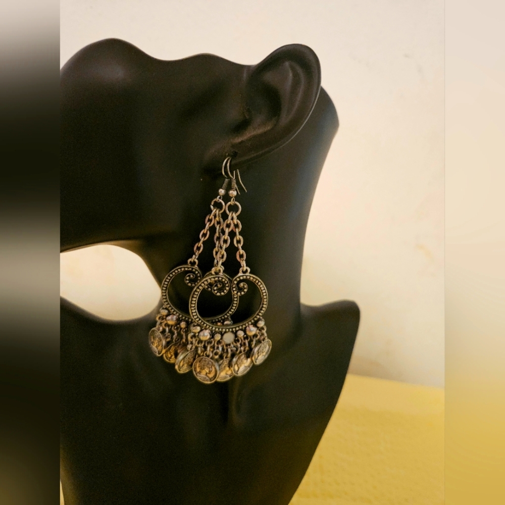 Antique Silver Chandelier Earrings with Filigree and Beads